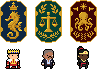 Leaders and crests of the Royal Navy, Merchant Alliance, and Pirate Fleet